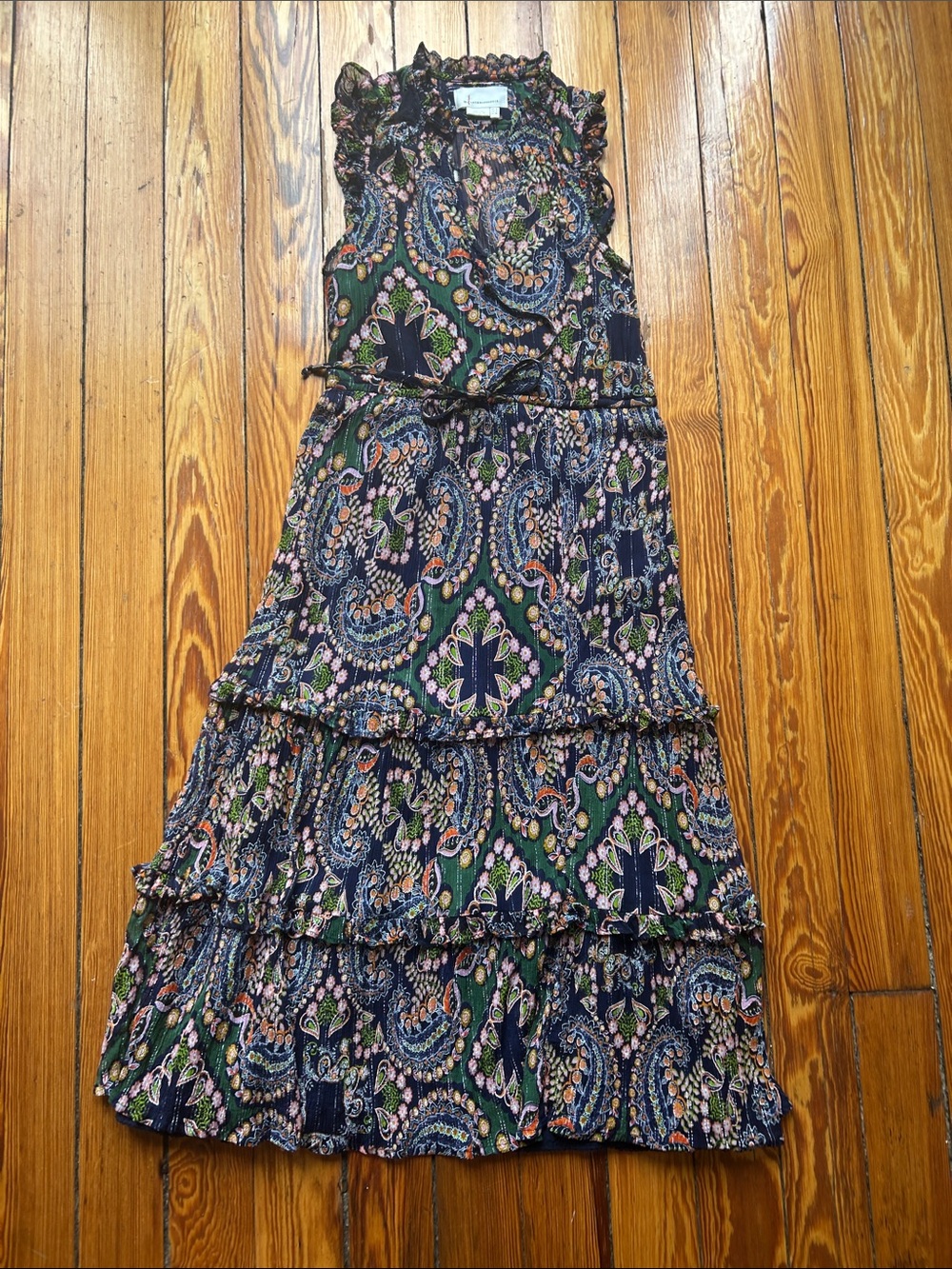 Anthropologie Elmira Paisley Tiered Midi  Dress - Navy, Green pink size 4